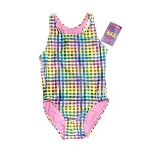 TYR DuraFast Lite Girls SUNSET PLAID Maxfit 1pc Swimsuit Dk Violet Pink Size 14